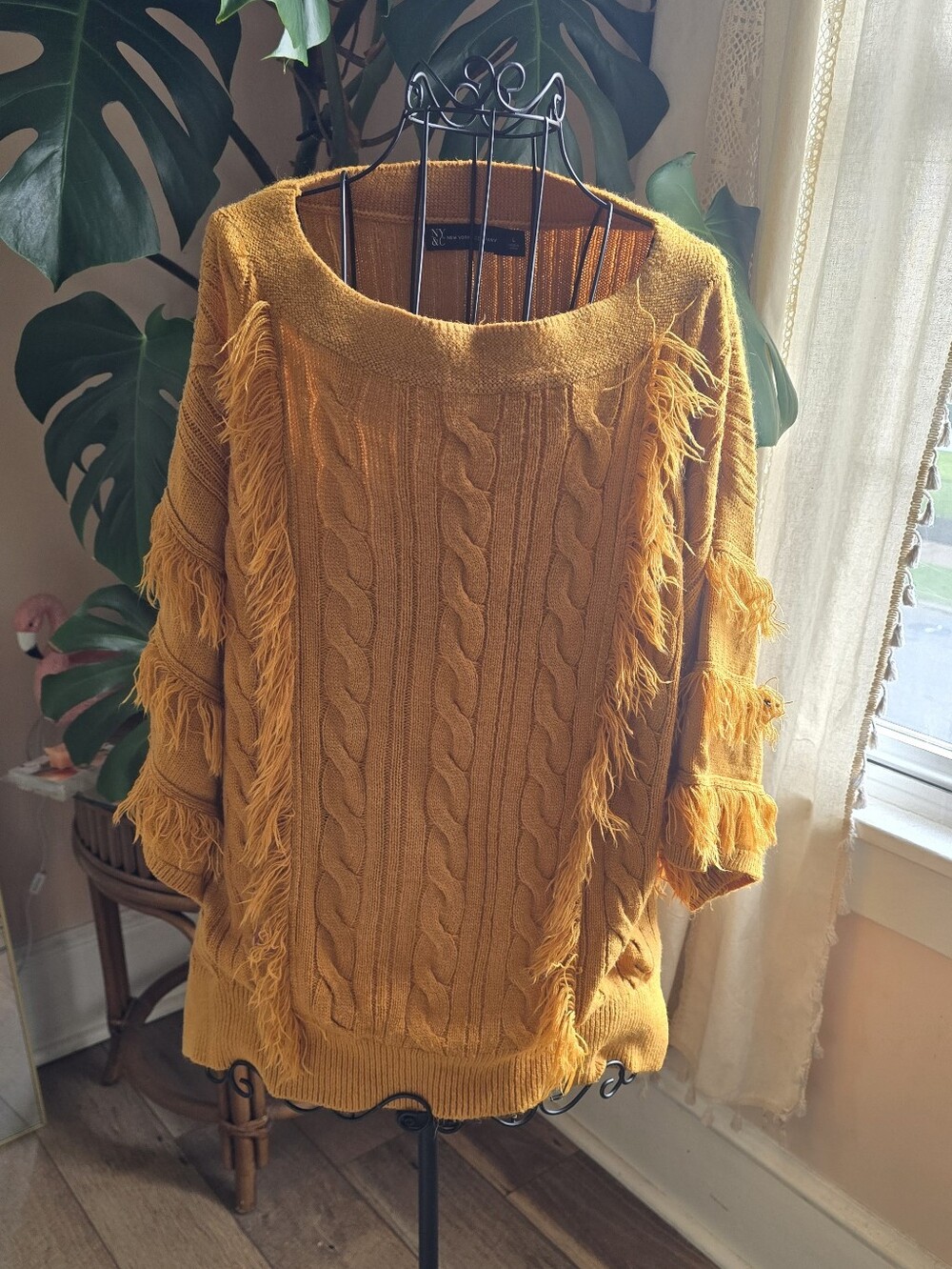 New York & Company Mustard Yellow Cable Knit Fringe Trim Boatneck Sweater L